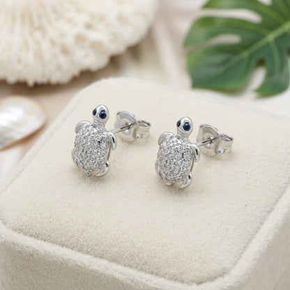Hawaiian Honu Sea Turtle Pave CZ Stud Earrings - 925 Sterling Silver