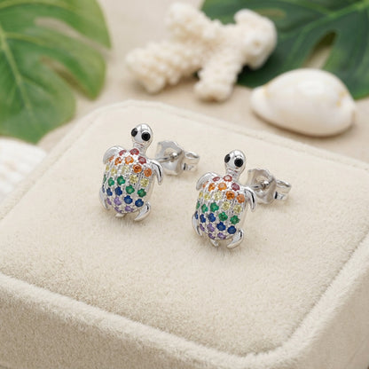 Hawaiian Honu Sea Turtle Pave CZ Stud Earrings - 925 Sterling Silver