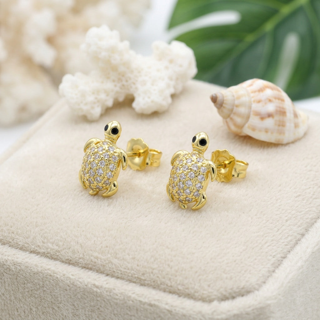 Hawaiian Honu Sea Turtle Pave CZ Stud Earrings - 925 Sterling Silver