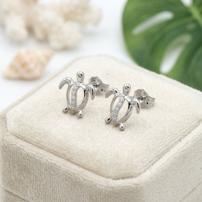 Hawaiian Honu Sea Turtle Open Cutout Pave CZ Stud Earrings - 925 Sterling Silver
