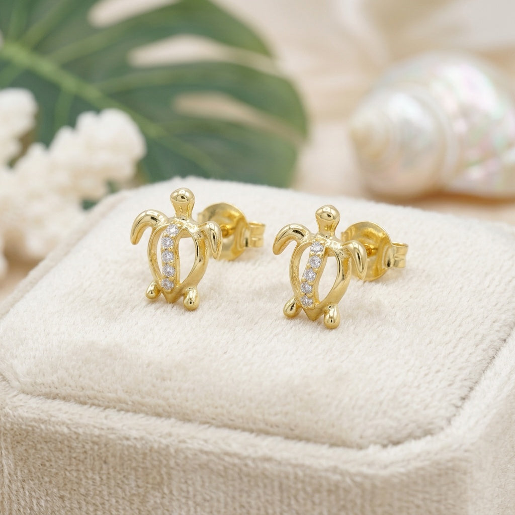 Hawaiian Honu Sea Turtle Open Cutout Pave CZ Stud Earrings - 925 Sterling Silver
