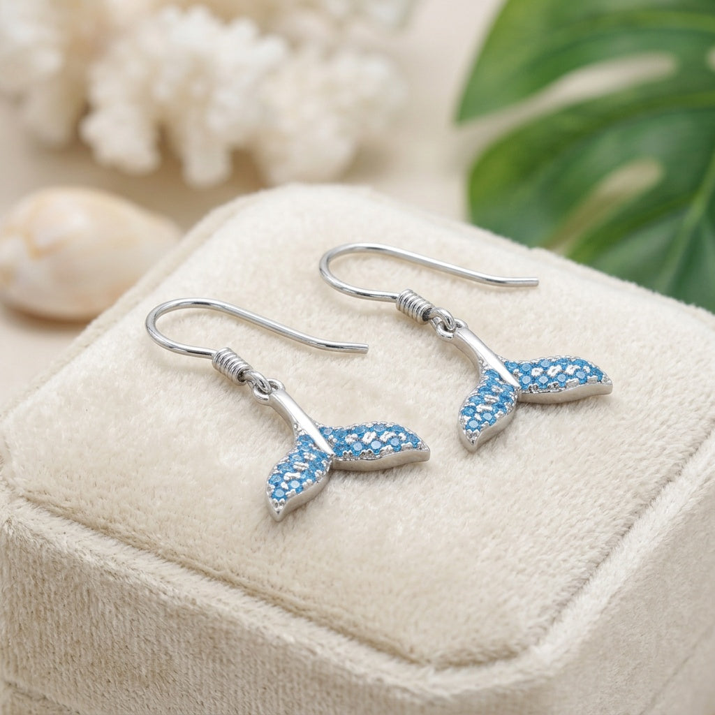 Hawaiian Whale Tail Fluke Pave CZ Dangle Earrings - 925 Sterling Silver