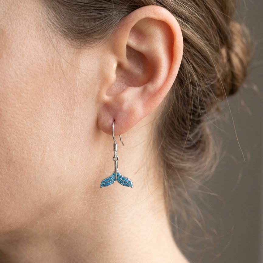 Hawaiian Whale Tail Blue Topaz Pavé Dangle Earrings - 925 Sterling Silver