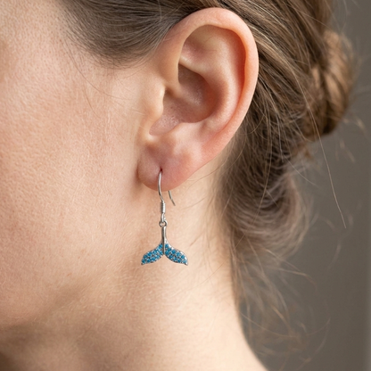 Hawaiian Whale Tail Blue Topaz Pavé Dangle Earrings - 925 Sterling Silver