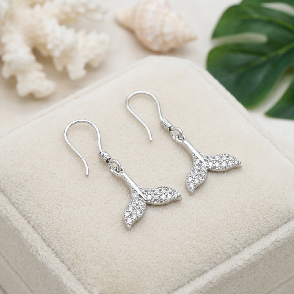 Hawaiian Whale Tail Fluke Pave CZ Dangle Earrings - 925 Sterling Silver