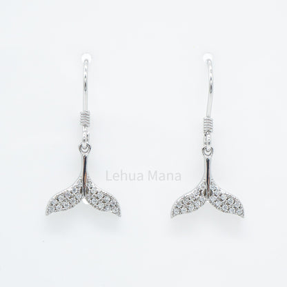 925 Sterling Silver CZ Whale Tail Dangle Earrings