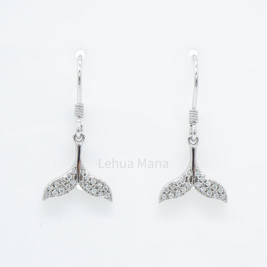 925 Sterling Silver CZ Whale Tail Dangle Earrings