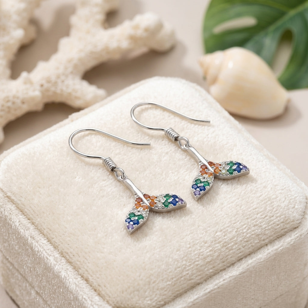 Hawaiian Whale Tail Fluke Pave CZ Dangle Earrings - 925 Sterling Silver