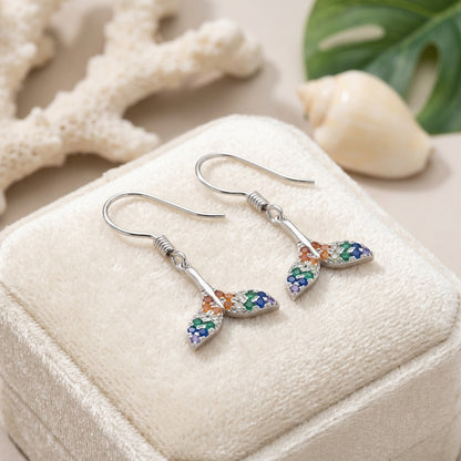 Hawaiian Whale Tail Fluke Pave CZ Dangle Earrings - 925 Sterling Silver