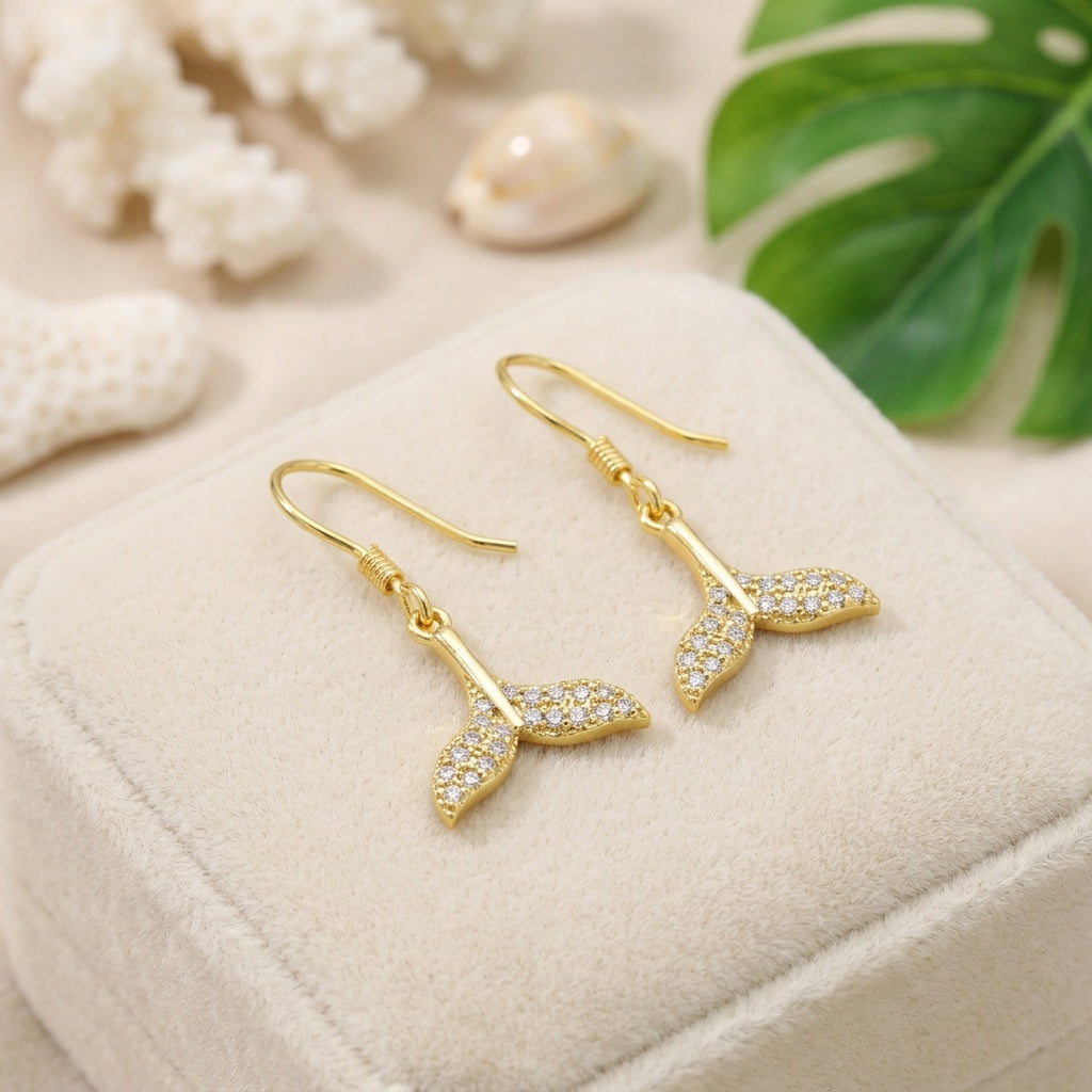 Hawaiian Whale Tail Fluke Pave CZ Dangle Earrings - 925 Sterling Silver