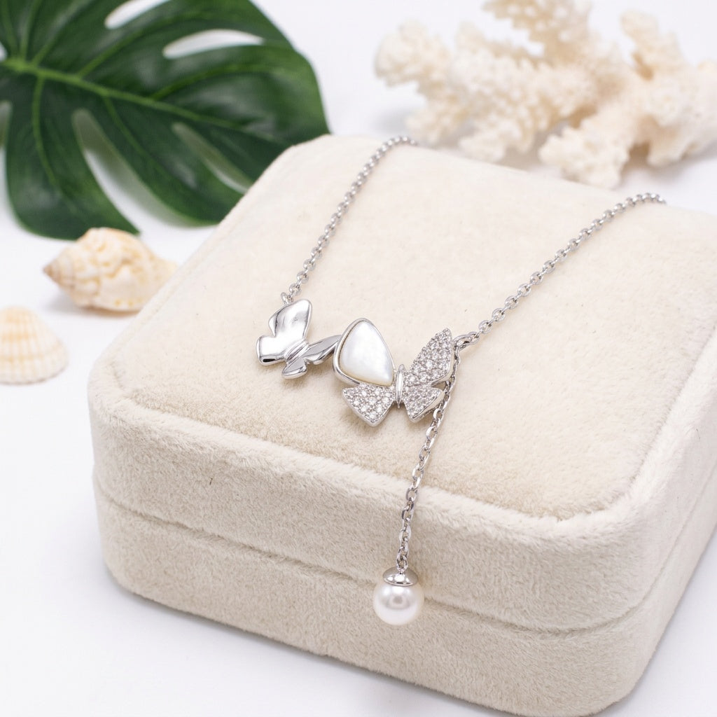 Double Butterfly Cubic Zirconia Pearl Necklace - 925 Silver