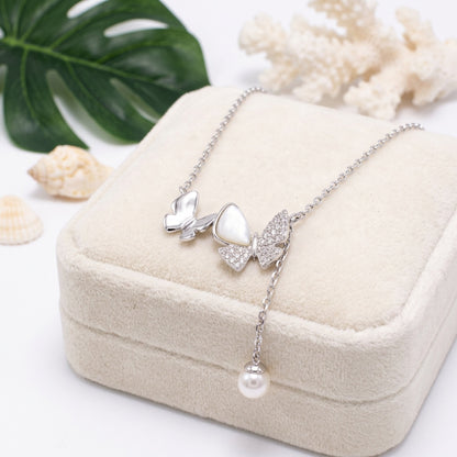Double Butterfly Cubic Zirconia Pearl Necklace - 925 Silver
