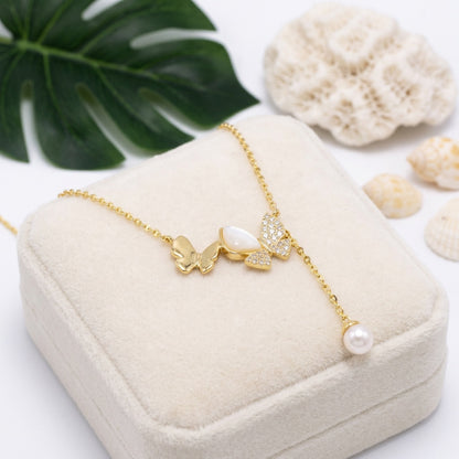 Double Butterfly Cubic Zirconia Pearl Necklace - 925 Silver