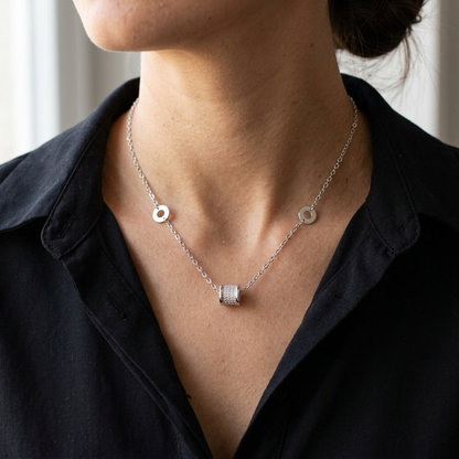 Pave Cylinder Barrel Cubic Zirconia Station Necklace - 925 Silver