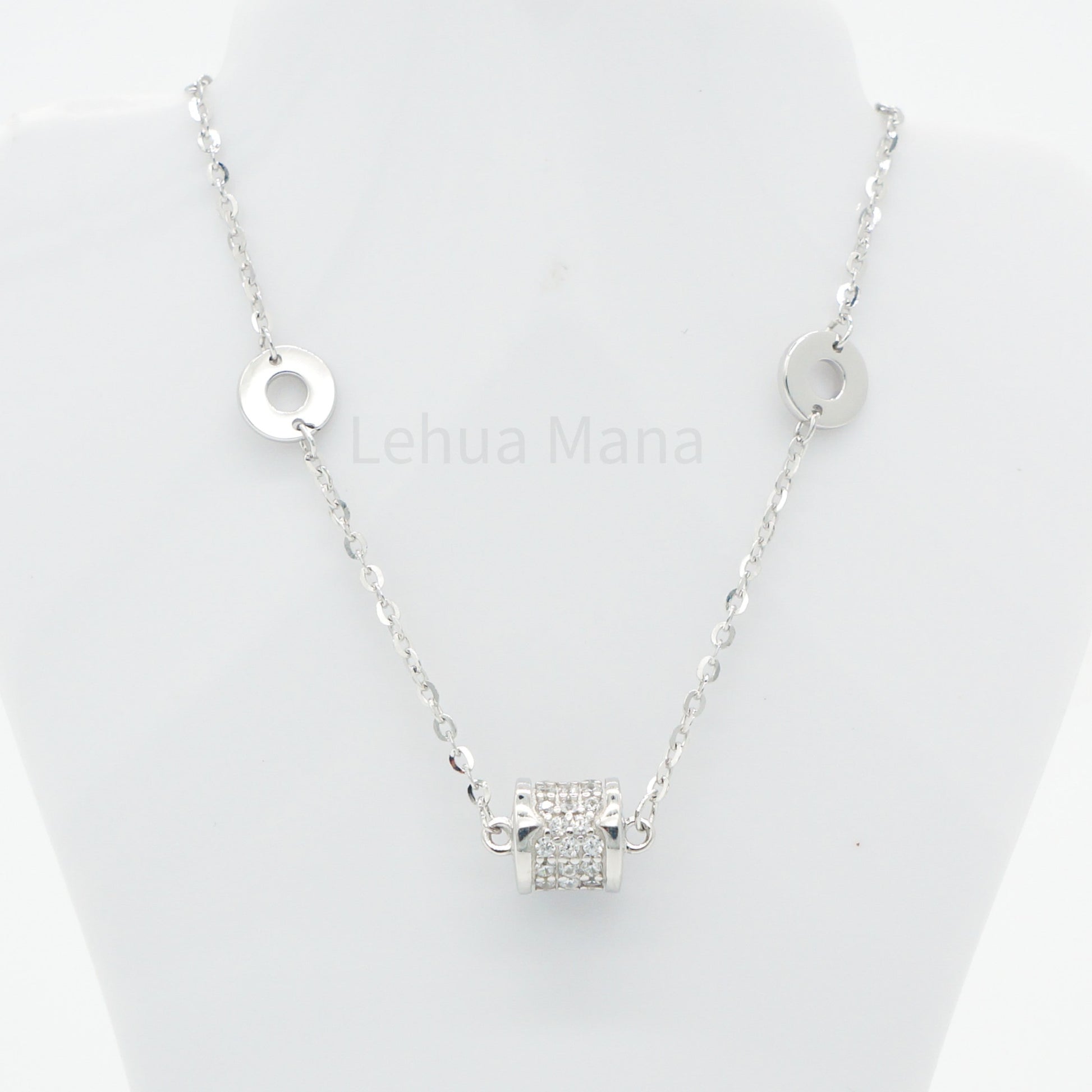925 Silver CZ Barrel Disc Necklace, CZ Necklace, Cubic Zirconia Necklace, 925 Sterling Silver Jewelry, Barrel Disc Necklace