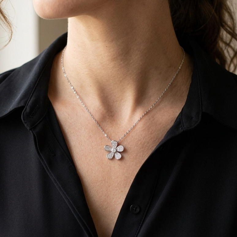 Hawaiian Plumeria Flower Cubic Zirconia Pendant Necklace - 925 Silver