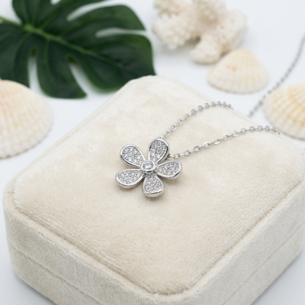 Hawaiian Plumeria Flower Cubic Zirconia Pendant Necklace - 925 Silver