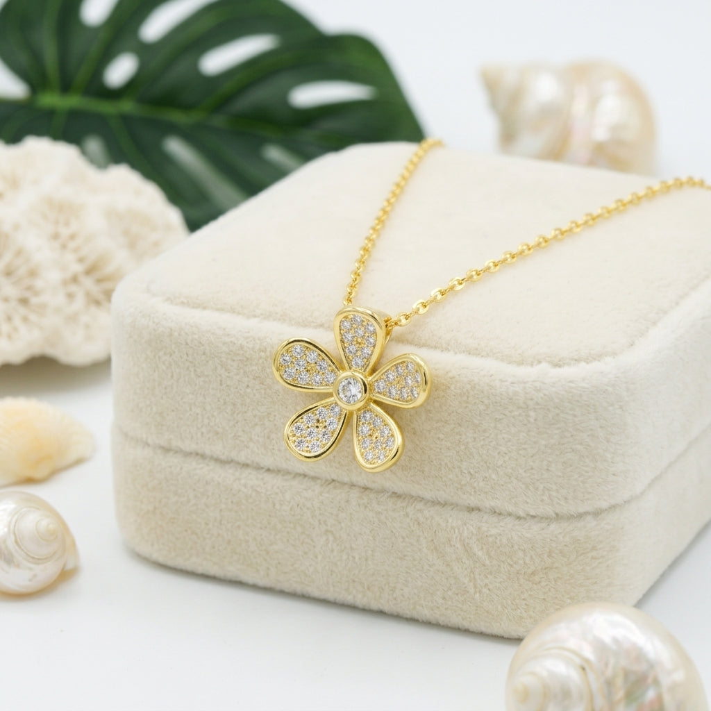 Hawaiian Plumeria Flower Cubic Zirconia Pendant Necklace - 925 Silver