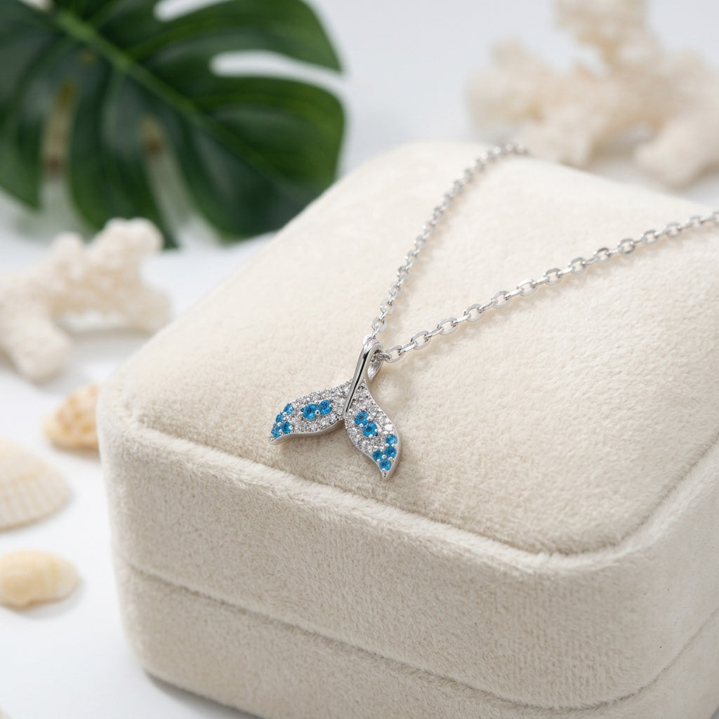 Hawaiian Whale Tail Blue Topaz CZ Pendant Necklace - 925 Silver