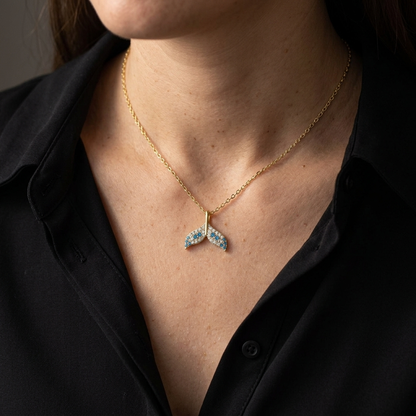 Hawaiian Whale Tail Blue Topaz CZ Pendant Necklace - 925 Silver