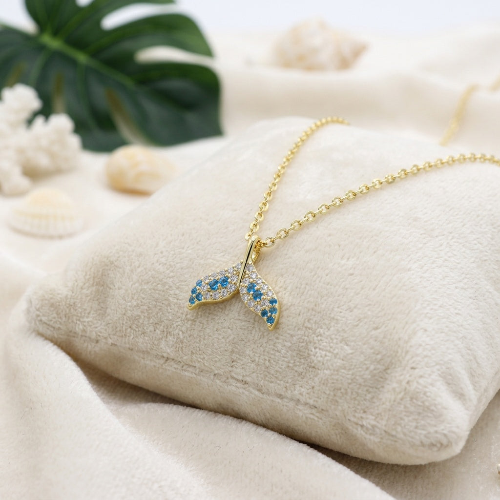 Hawaiian Whale Tail Blue Topaz CZ Pendant Necklace - 925 Silver