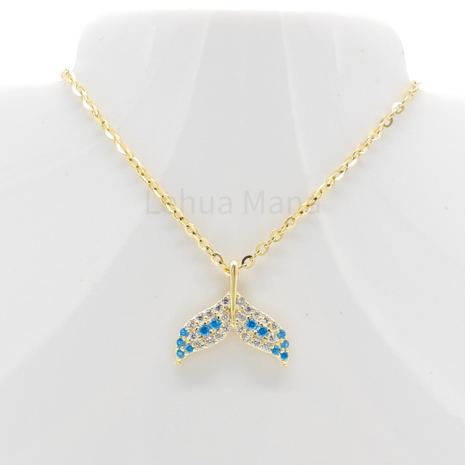 925 Silver CZ Blue Topaz Whale Tail Necklace, CZ Necklace, Blue Topaz Necklace, Cubic Zirconia Necklace, 925 Sterling Silver Jewelry, Blue Topaz Necklace