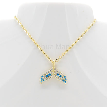 925 Silver CZ Blue Topaz Whale Tail Necklace, CZ Necklace, Blue Topaz Necklace, Cubic Zirconia Necklace, 925 Sterling Silver Jewelry, Blue Topaz Necklace
