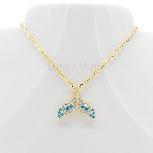 925 Silver CZ Blue Topaz Whale Tail Necklace, CZ Necklace, Blue Topaz Necklace, Cubic Zirconia Necklace, 925 Sterling Silver Jewelry, Blue Topaz Necklace