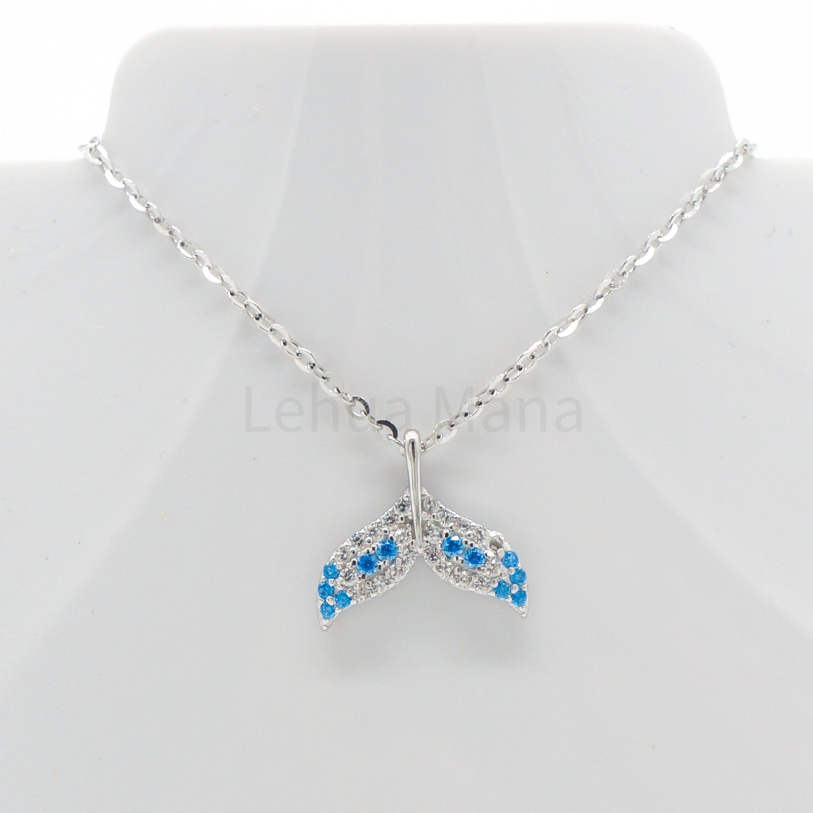 925 Silver CZ Blue Topaz Whale Tail Necklace, CZ Necklace, Blue Topaz Necklace, Cubic Zirconia Necklace, 925 Sterling Silver Jewelry, Blue Topaz Necklace