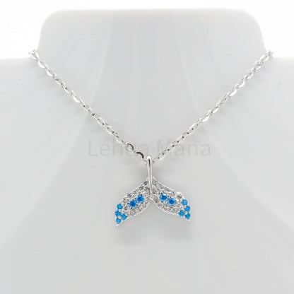 925 Silver CZ Blue Topaz Whale Tail Necklace, CZ Necklace, Blue Topaz Necklace, Cubic Zirconia Necklace, 925 Sterling Silver Jewelry, Blue Topaz Necklace