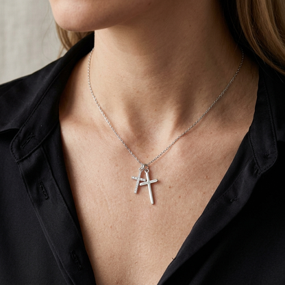 Double Cross Pave Cubic Zirconia Charm Necklace - 925 Silver