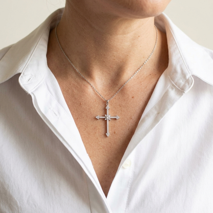 Vintage Sparkling Cross Cubic Zirconia Necklace - 925 Silver