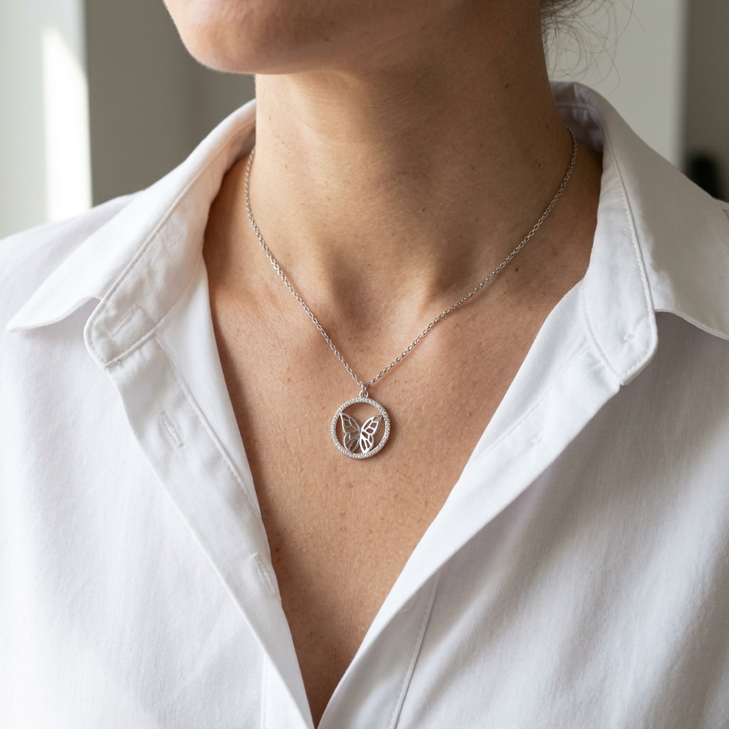Circle Butterfly Halo Cubic Zirconia Pendant Necklace - 925 Silver