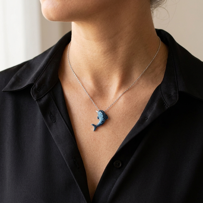 Hawaiian Dolphin Blue Cubic Zirconia Pendant Necklace - 925 Silver