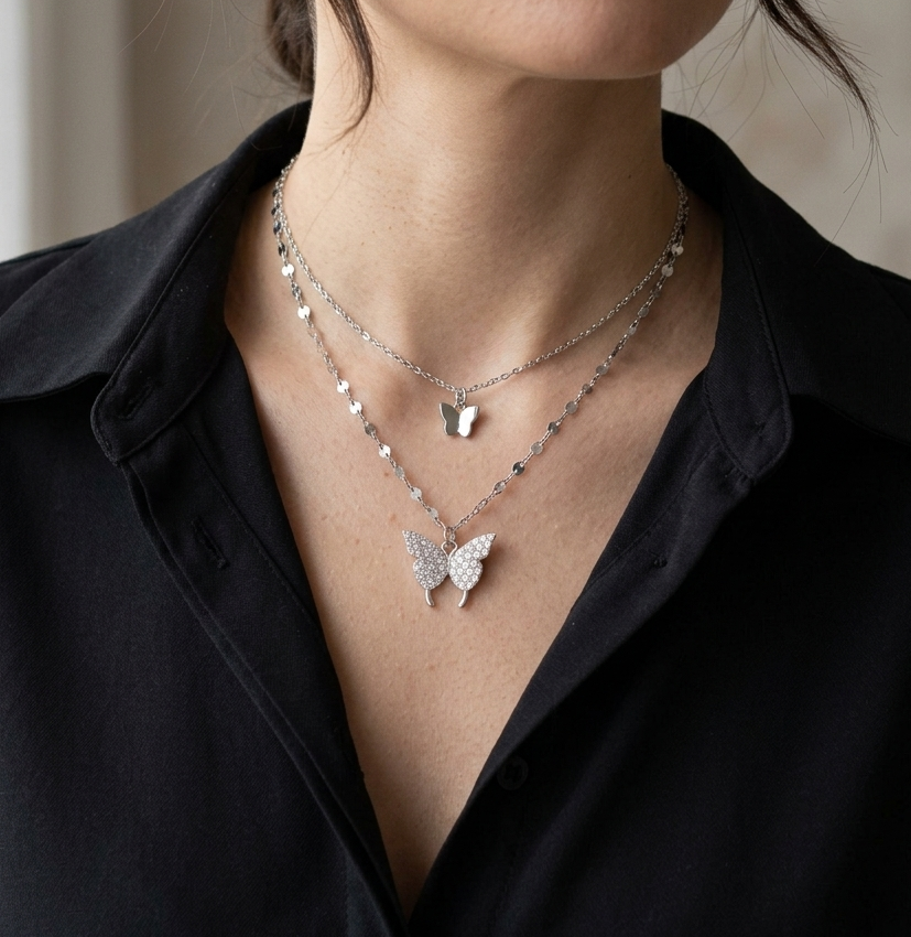Layered Double Butterfly Cubic Zirconia Choker Necklace - 925 Silver