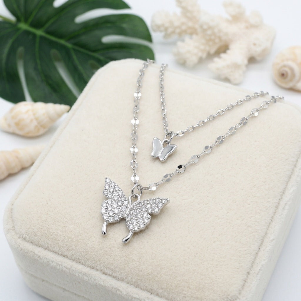 Layered Double Butterfly Cubic Zirconia Choker Necklace - 925 Silver