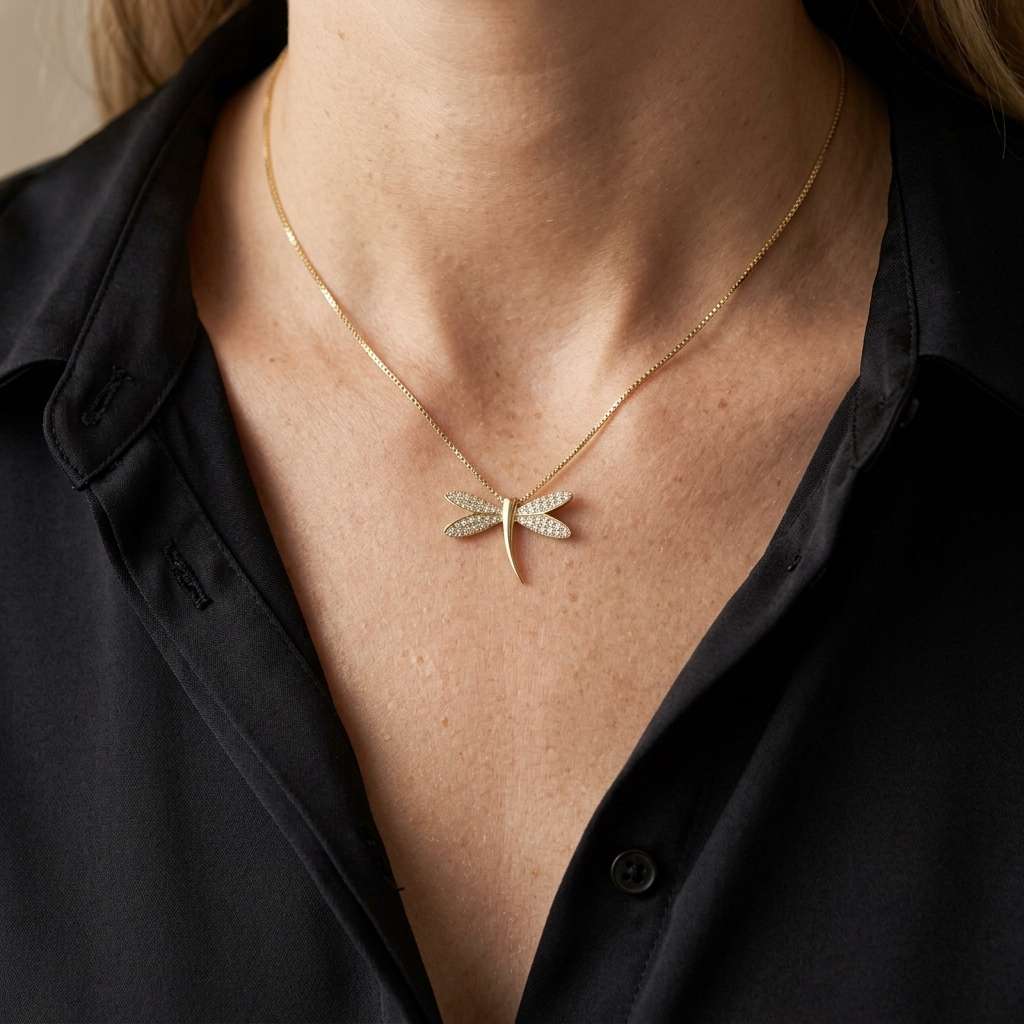 Pave Dragonfly Cubic Zirconia Pendant Necklace - 925 Silver