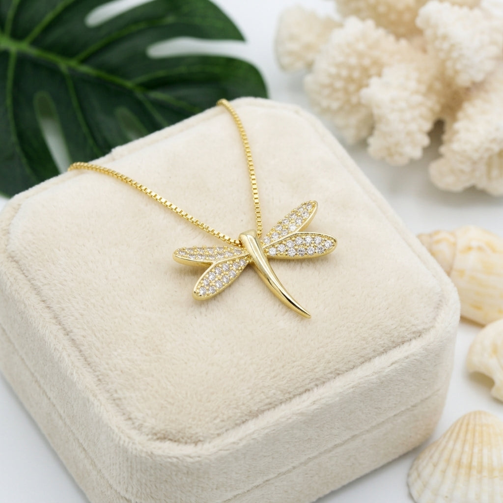 Pave Dragonfly Cubic Zirconia Pendant Necklace - 925 Silver