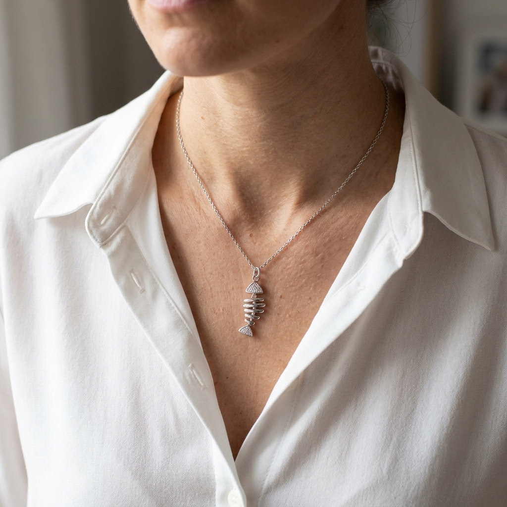 Fish Bone Cubic Zirconia Pendant Necklace - 925 Silver