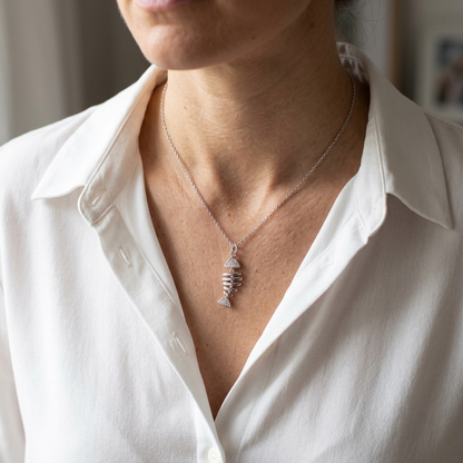 Fish Bone Cubic Zirconia Pendant Necklace - 925 Silver