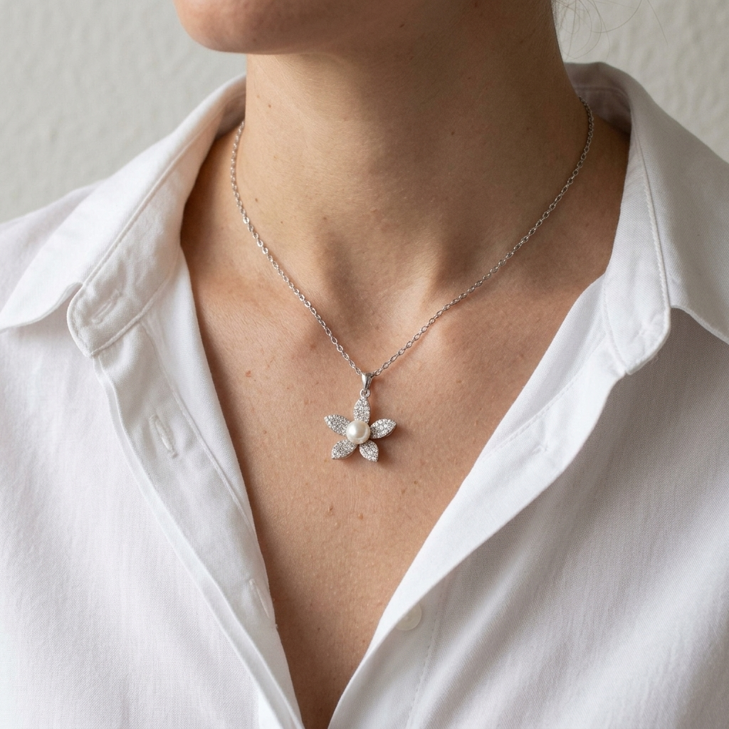Hawaiian Plumeria Flower Freshwater Pearl CZ Necklace - 925 Silver