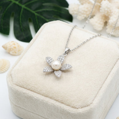Hawaiian Plumeria Flower Freshwater Pearl CZ Necklace - 925 Silver