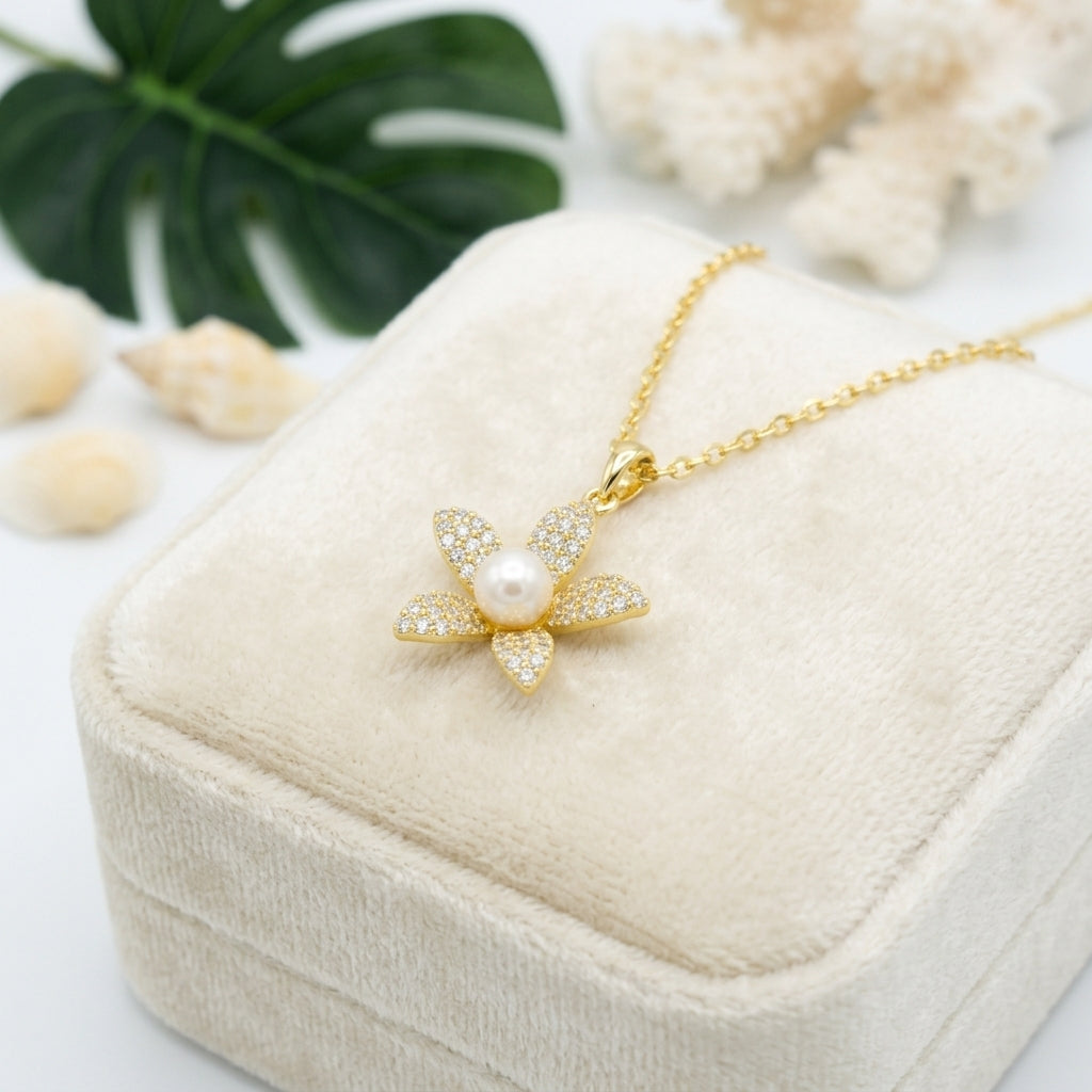Hawaiian Plumeria Flower Freshwater Pearl CZ Necklace - 925 Silver