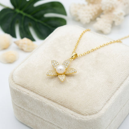 Hawaiian Plumeria Flower Freshwater Pearl CZ Necklace - 925 Silver