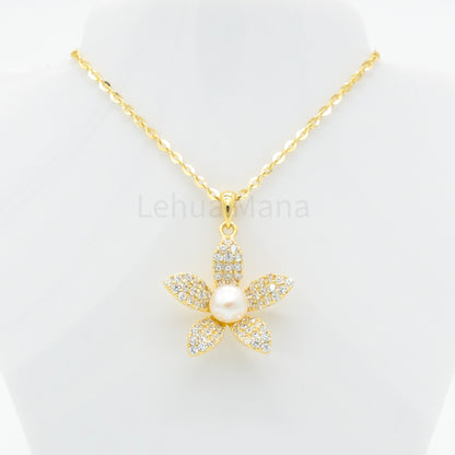 925 Silver CZ Freshwater Pearl Flower Necklace, CZ Necklace, Cubic Zirconia Necklace, 925 Sterling Silver Jewelry, Freshwater Pearl Flower Necklace