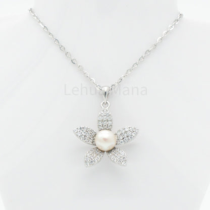 925 Silver CZ Freshwater Pearl Flower Necklace, CZ Necklace, Cubic Zirconia Necklace, 925 Sterling Silver Jewelry, Freshwater Pearl Flower Necklace