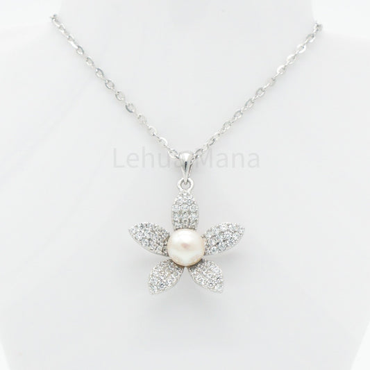 925 Silver CZ Freshwater Pearl Flower Necklace, CZ Necklace, Cubic Zirconia Necklace, 925 Sterling Silver Jewelry, Freshwater Pearl Flower Necklace