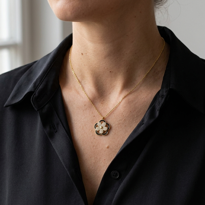 Spinning Flower Cubic Zirconia Enamel Pendant Necklace - 925 Silver