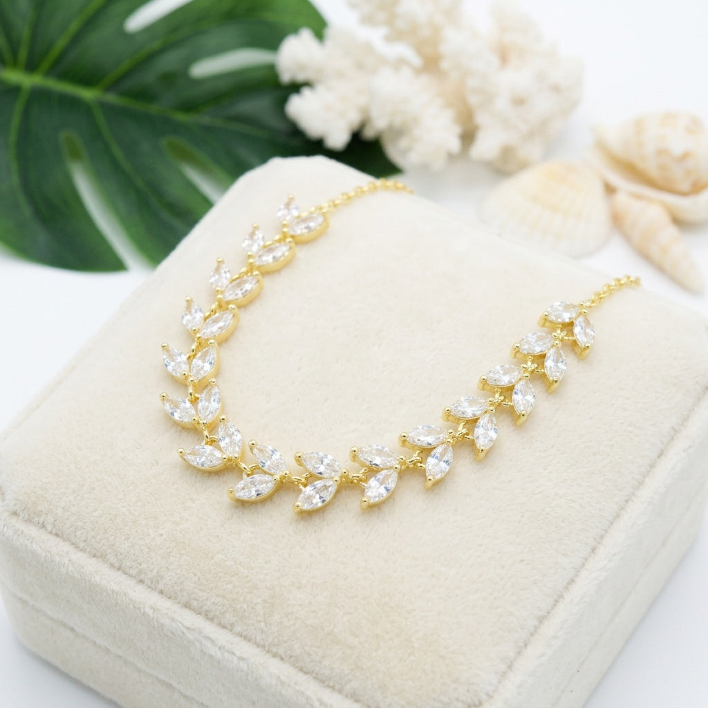 Hawaiian Maile Leaf Lei Cubic Zirconia Necklace - 925 Silver
