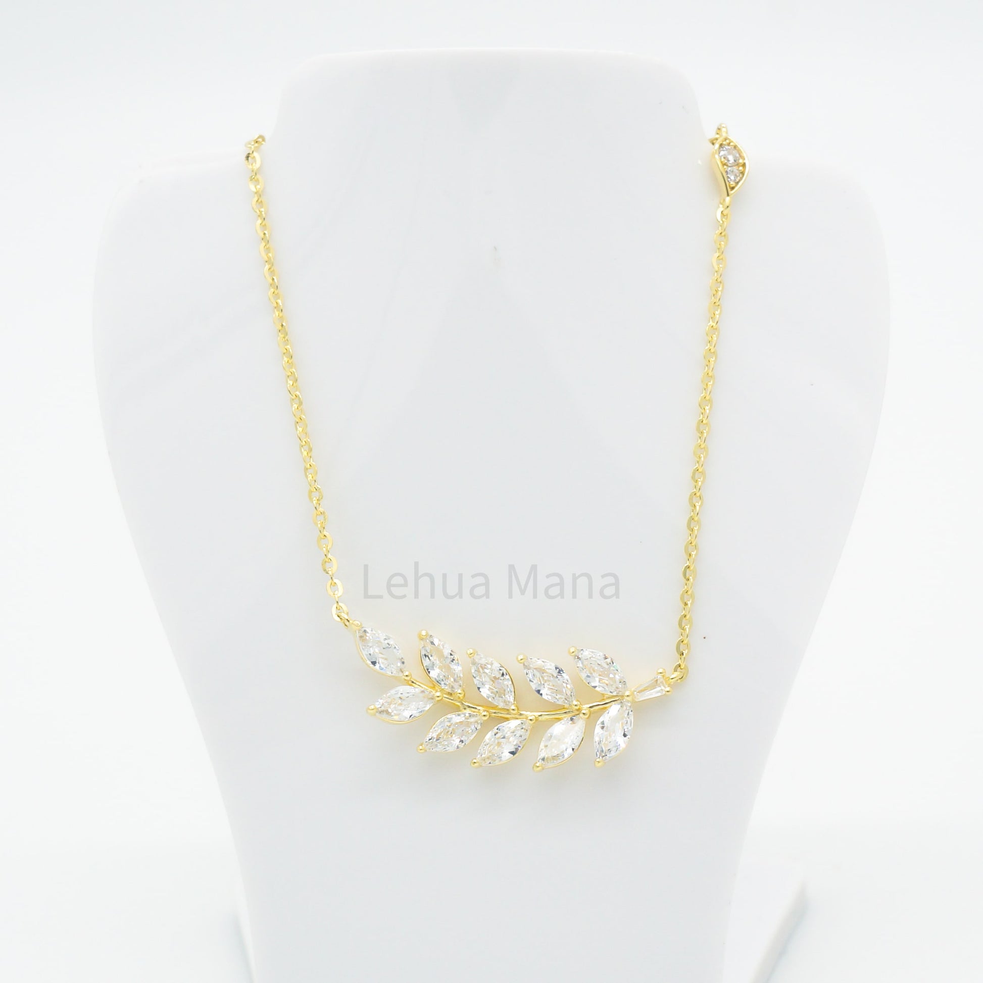 925 Silver CZ Maile Leaves Necklace, CZ Necklace, Cubic Zirconia Necklace, 925 Sterling Silver Jewelry, Maile Leaves Necklace